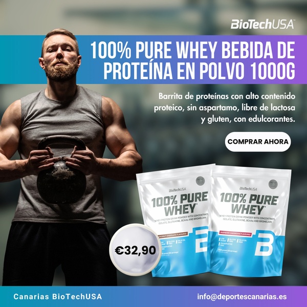 A square-format static ad featuring a muscular athlete holding a kettlebell alongside product packaging and price points for whey protein.